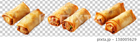 Crispy golden spring rolls with flaky texture shown isolated on white transparent background, Asian snack concept 138005629