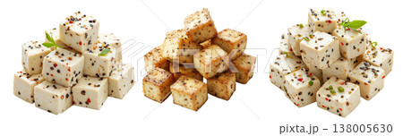 Cubes of seasoned tofu with visible herbs and spices, arranged in stack isolated on white transparent background Cubes of seasoned tofu with visible herbs and spices, arranged in stack isolated on white transparent background 138005630