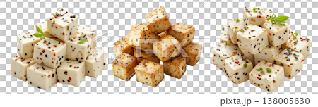 Cubes of seasoned tofu with visible herbs and spices, arranged in stack isolated on white transparent background Cubes of seasoned tofu with visible herbs and spices, arranged in stack isolated on white transparent background 138005630
