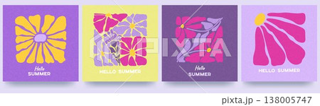 An abstract set of greeting cards with the inscription Hello Summer. Hand-drawn waves, leaves, and flowers. Vintage grain texture. An abstract set of greeting cards with the inscription Hello Summer. Hand-drawn waves, leaves, and flowers. Vintage grain texture. 138005747