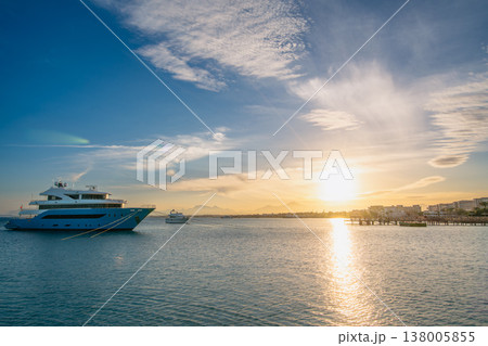 Luxury Yacht at Sunset in Hurghada Marina, Egypt Luxury Yacht at Sunset in Hurghada Marina, Egypt 138005855