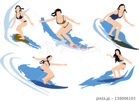 荒波をサーフィンする女性のイラスト 138006103