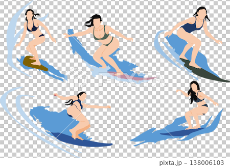 荒波をサーフィンする女性のイラスト 138006103