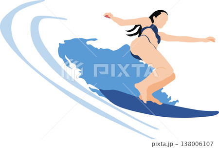 荒波をサーフィンする女性のイラスト 荒波をサーフィンする女性のイラスト 138006107