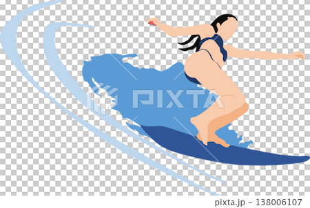 荒波をサーフィンする女性のイラスト 荒波をサーフィンする女性のイラスト 138006107