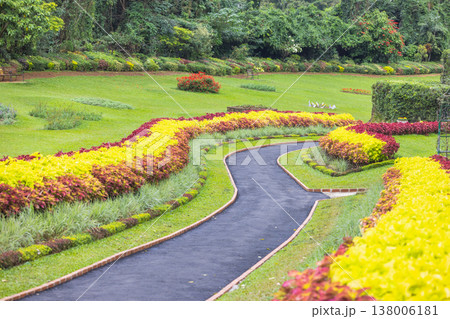 Peradeniya, Royal Botanic Gardens near of Kandy town in Sri Lanka. Winding path through vibrant botanical garden with lush green lawns, colorful flowerbeds, and serene natural beauty on a clear day Peradeniya, Royal Botanic Gardens near of Kandy town in Sri Lanka. Winding path through vibrant botanical garden with lush green lawns, colorful flowerbeds, and serene natural beauty on a clear day 138006181