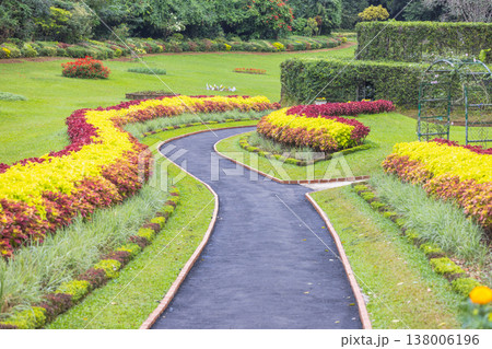 Peradeniya, Royal Botanic Gardens near of Kandy town in Sri Lanka. Winding blue pathway through a vibrant garden featuring yellow and red foliage, leading into a lush green landscape on a bright day Peradeniya, Royal Botanic Gardens near of Kandy town in Sri Lanka. Winding blue pathway through a vibrant garden featuring yellow and red foliage, leading into a lush green landscape on a bright day 138006196