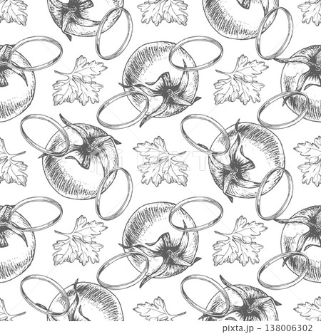 Seamless pattern of the tomatoes, cuting onion and parsley. Vector ink styled handmade illustration. For packaging design, cards, cover, prints, product labels and fabric. 138006302