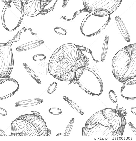 Seamless pattern of the onions. For packaging design, cards, cover, prints, product labels and fabric. 138006303