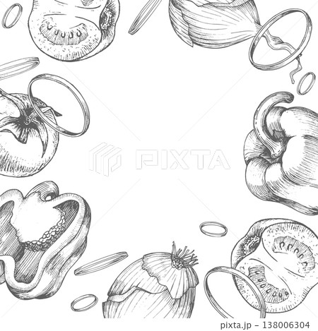 Square frame of the onions, bell peppers and tomatoes. Vector ink styled handmade illustration. For packaging design, cards, cover, prints, product labels and fabric. 138006304