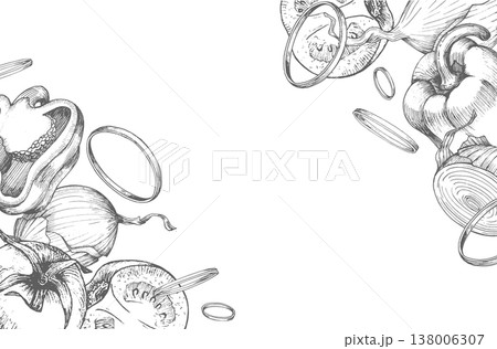 Restangular frame of the tomatoes, bell peppers and onions. Vector ink styled handmade illustration. For packaging design, cards, cover, prints, product labels and fabric. 138006307