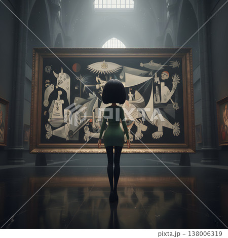 幻想的な美術館で巨大な絵画に見入る女性の後ろ姿 ファンタジー空間の静寂なシーン 138006319