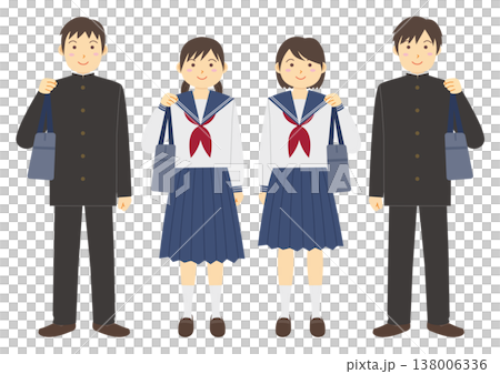 鞄を持つ制服を着た中学生のイラストのセット 138006336