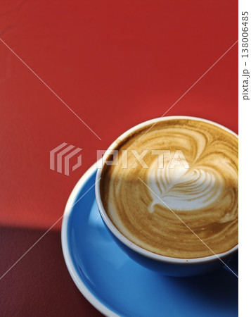 Hot Latte Cappuccino Blue Ceramic Cup Overhead Hot Latte Cappuccino Blue Ceramic Cup Overhead 138006485