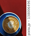 Latte Art Top View Blue Saucer on Red Table 138006496