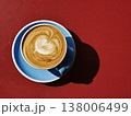 Latte Coffee Top View Blue Saucer on Red Table 138006499
