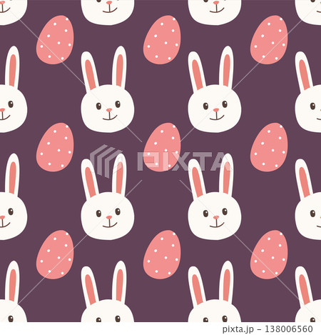 Seamless easter pattern with cute bunny faces and decorated eggs. Perfect for textile, wrapping paper, and holiday design. Playful modern spring background. 138006560