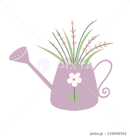 Cute watering can with floral arrangement in flat pastel style. Perfect for gardening, home decor, and spring design. Decorative botanical illustration. 138006562