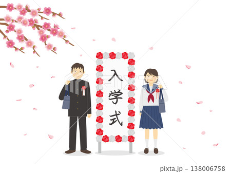 入学式をイメージした桜と立て看板と制服を着た生徒のイメージイラスト 入学式をイメージした桜と立て看板と制服を着た生徒のイメージイラスト 138006758