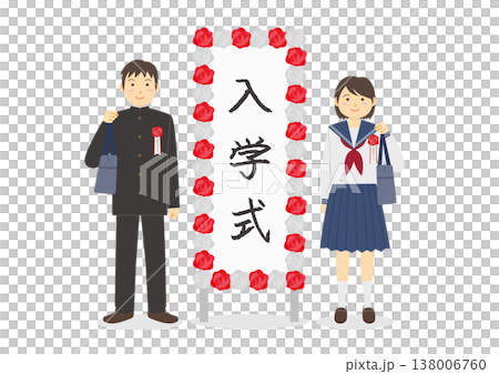 一塊描繪入學儀式和男女學生插圖的標誌。 138006760