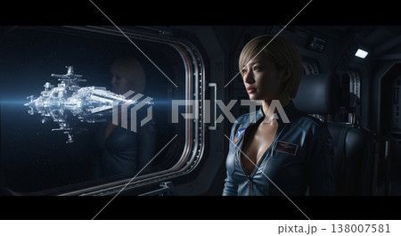 巨大な宇宙艦隊を見つめる未来の宇宙船コックピットに座る女性パイロット 138007581