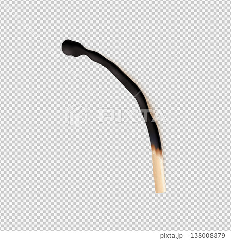 Burnt match, vector 3D realistic charred curve wooden stick, burned bent matchstick with scorched edge and black ash Burnt match, vector 3D realistic charred curve wooden stick, burned bent matchstick with scorched edge and black ash 138008879