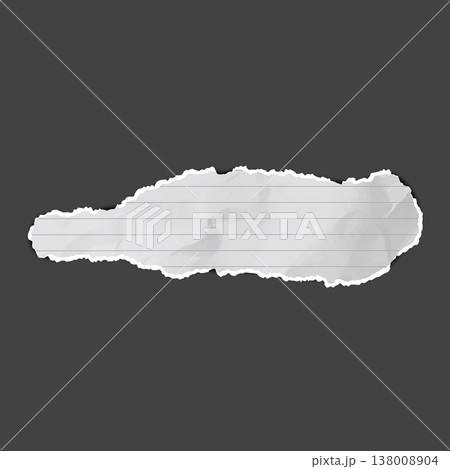 Crumpled torn striped paper strip, vector realistic white torn sheet of notebook fragment, wrinkled school page scrap Crumpled torn striped paper strip, vector realistic white torn sheet of notebook fragment, wrinkled school page scrap 138008904