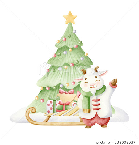 New 2027 Year symbol with presents and Christmas tree watercolor isolated illustration. Hand drawn holiday cartoon clip art in pastel colors for greeting cards, kids nursery decor and winter designs 138008937