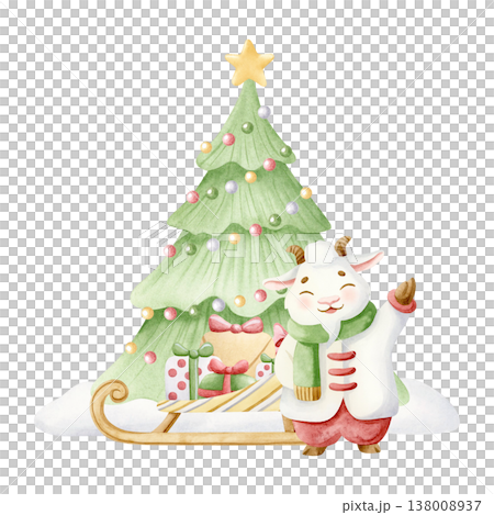 New 2027 Year symbol with presents and Christmas tree watercolor isolated illustration. Hand drawn holiday cartoon clip art in pastel colors for greeting cards, kids nursery decor and winter designs 138008937