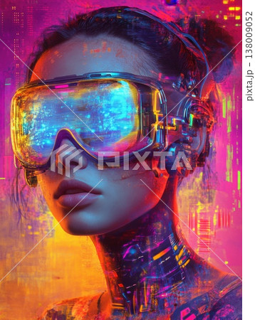 woman in virtual reality headset over neon lights 138009052