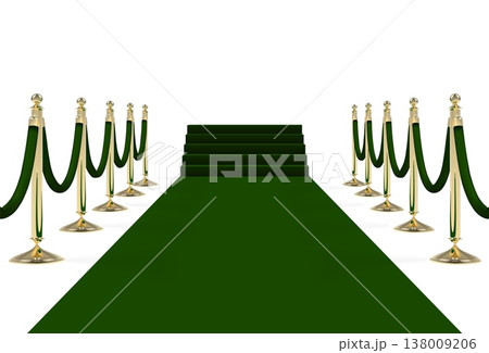 Black green carpet on stairs with ropes on golden stanchions 138009206