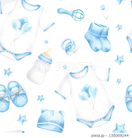 Bodysuit, beanie, socks, shoes, rattle, pacifier, bottle, safety pin, stars. Blue newborn boy items seamless pattern for baby shower. Watercolor hand drawn illustration isolated on white background. 138009244