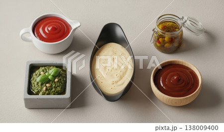 A collection of various sauces like ketchup, mayonnaise, and pesto, in elegant bowls on a neutral background, perfect for culinary themes. A collection of various sauces like ketchup, mayonnaise, and pesto, in elegant bowls on a neutral background, perfect for culinary themes. 138009400