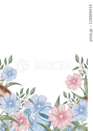 Vertical watercolor floral border featuring pink and blue garden flowers with watering can, providing elegant white copy-space for spring invitations or blog headers. Space for text, white background Vertical watercolor floral border featuring pink and blue garden flowers with watering can, providing elegant white copy-space for spring invitations or blog headers. Space for text, white background 138009414