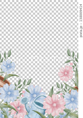 Vertical watercolor floral border featuring pink and blue garden flowers with watering can, providing elegant white copy-space for spring invitations or blog headers. Space for text, white background Vertical watercolor floral border featuring pink and blue garden flowers with watering can, providing elegant white copy-space for spring invitations or blog headers. Space for text, white background 138009414