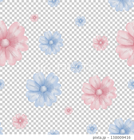 Seamless watercolor pattern featuring delicate pink and blue flowers in a soft pastel design, perfect for romantic spring wallpapers, textile prints, and wedding invitations. White background. Seamless watercolor pattern featuring delicate pink and blue flowers in a soft pastel design, perfect for romantic spring wallpapers, textile prints, and wedding invitations. White background. 138009416
