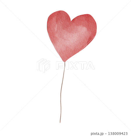 Isolated red watercolor heart balloon with a delicate string, perfect for romantic Valentine's Day cards, wedding invitations, and whimsical nursery wall art designs, white background. Isolated red watercolor heart balloon with a delicate string, perfect for romantic Valentine's Day cards, wedding invitations, and whimsical nursery wall art designs, white background. 138009423