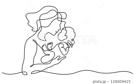 Mother Holding Baby. Continuous One Line Drawing. Motherhood and Family Love. 138009425