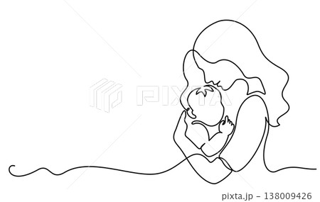 Mother Holding Baby. Continuous One Line Drawing. Motherhood and Family Love. 138009426