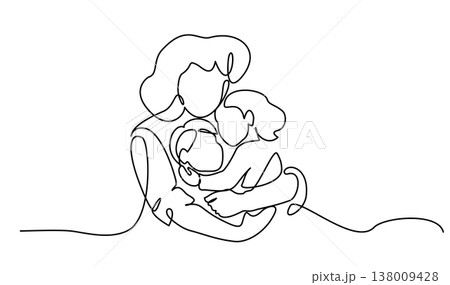 Mother hug her two children. Continuous one line drawing. Line art style hand drawn Mother hug her two children. Continuous one line drawing. Line art style hand drawn 138009428