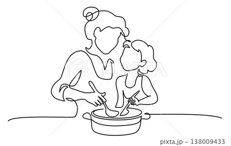 Continuous one line drawing of mothers day concept. Mother and daughter cooking together 138009433