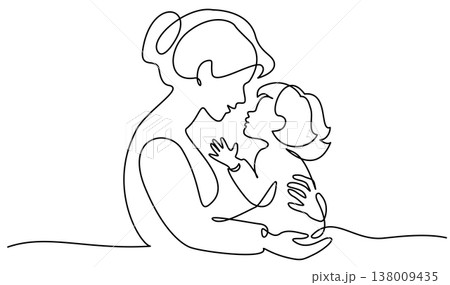 Mother Holding Baby. Continuous One Line Drawing. Motherhood and Family Love. Mother Holding Baby. Continuous One Line Drawing. Motherhood and Family Love. 138009435