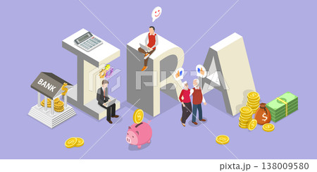 3D Isometric Flat Vector Illustration of IRA as Individual Retirement Account, Finacial Future Security 138009580