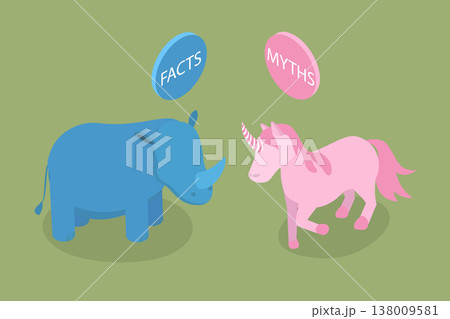 3D Isometric Flat Vector Illustration of Myth Vs Fact, Debunking Misconceptions, Unicorn Vs Rhinoceros 3D Isometric Flat Vector Illustration of Myth Vs Fact, Debunking Misconceptions, Unicorn Vs Rhinoceros 138009581