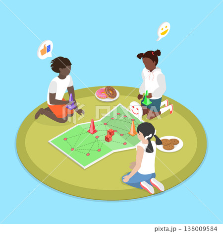 3D Isometric Flat Vector Illustration of Board Games, Happy Children Playing On Floor 138009584
