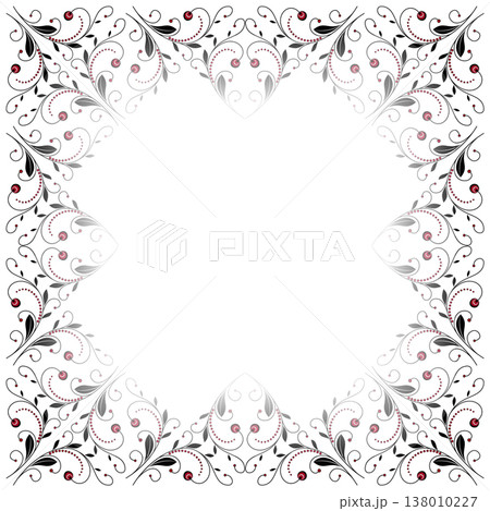 Floral elegance square frame in classic style. Ornamental pattern of swirls and curved lines. Traditional black red plant graphic ornament. Richly decorated background Floral elegance square frame in classic style. Ornamental pattern of swirls and curved lines. Traditional black red plant graphic ornament. Richly decorated background 138010227