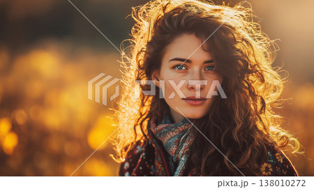 Young woman with curly hair stands in a sunlit...のイラスト素材 [138010272 ...