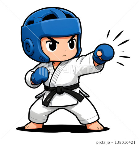 Little baby boy in TAEKWONDO dobok kimono on white background. The concept icon of martial arts, karate, judo, sports since childhood, discipline. Defence concept with copy space. 138010421
