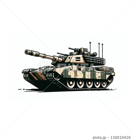 An army battle tank with a cannon on tracks. Military paint. Comic illustration. 138010426