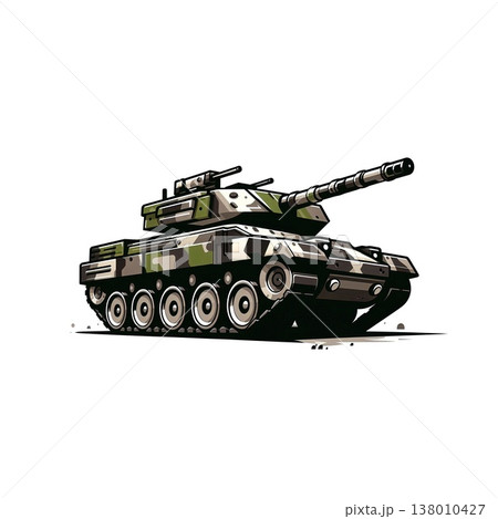 An army battle tank with a cannon on tracks. Military paint. Comic illustration. An army battle tank with a cannon on tracks. Military paint. Comic illustration. 138010427